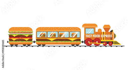 A cartoon fast food express train, featuring a hamburger engine and sandwich cars, travels on tracks against a plain white background.