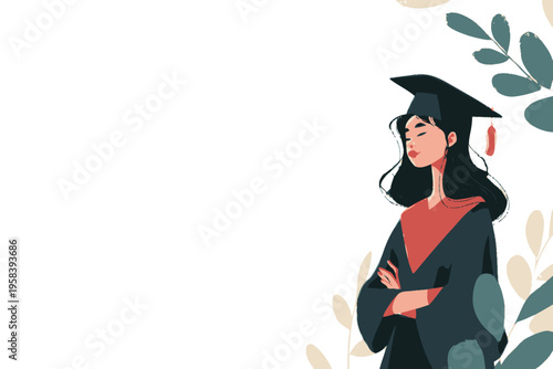Confident asian female graduate in cap and gown celebrating achievement