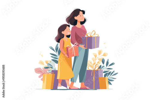 Asian female adult and child enjoying gift boxes on special occasion