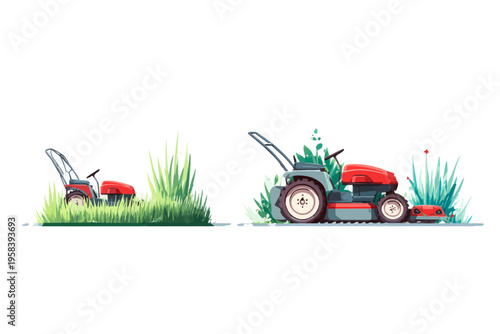 Two red lawn mowers in tall green grass and bushes on white background