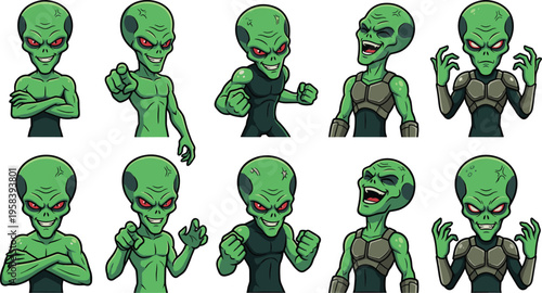 Cartoon Alien Character Set with Multiple Poses and Expressions Featuring Green Extraterrestrial Creature with Sci-Fi Outfits and Emotions in Various Stances