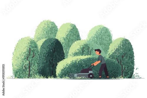 Young hispanic male mowing grass near lush green hedges