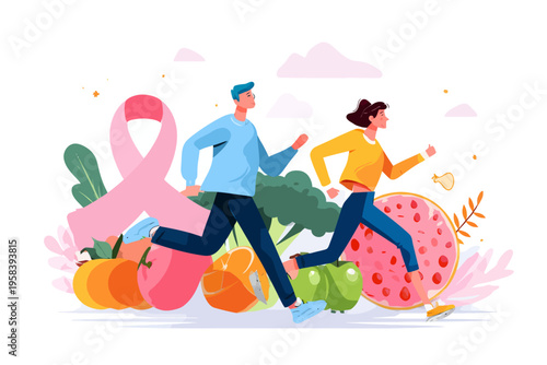 Young caucasian adults running for health awareness with fruits and vegetables