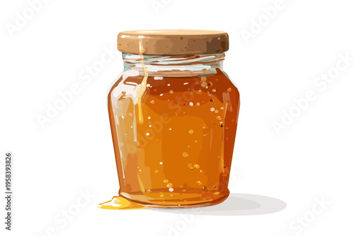 Jar of golden honey with wooden lid on white background