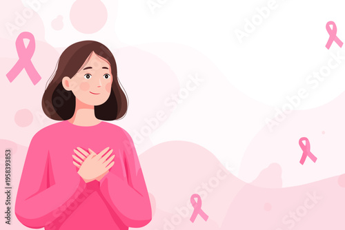 Young caucasian woman supporting breast cancer awareness with pink ribbons