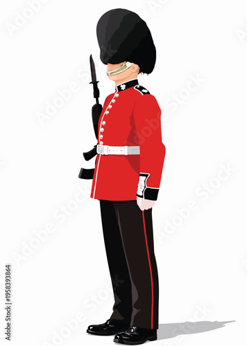 075-24-British royal guard soldier standing guard in a red tunic and bearskin hat