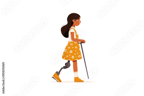 Young hispanic female with prosthetic leg and walking cane side profile illustration
