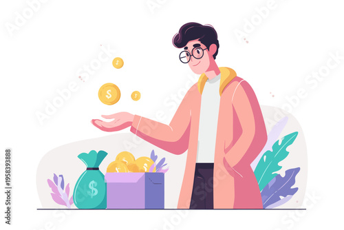 Young male with glasses juggling coins next to money bag and box of gold coins
