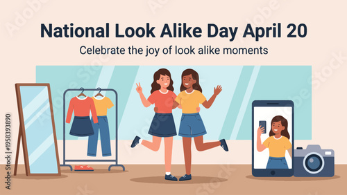 National Look Alike Day April 20 Illustration, Twin Girls Posing Together for Photo, Fun Similarity and Friendship Concept Flat Vector Design