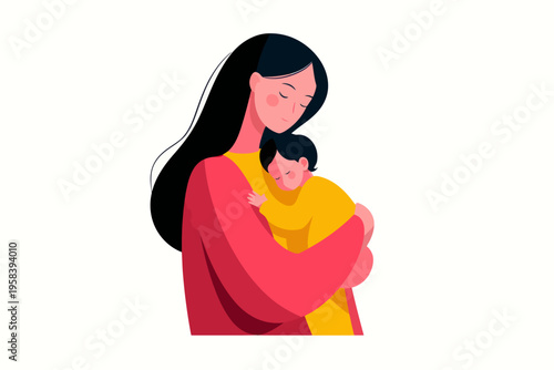 Illustration of caring asian female adult embracing child in loving hug