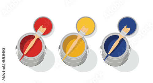 Three open paint cans with brushes inside are arranged horizontally on a white surface.