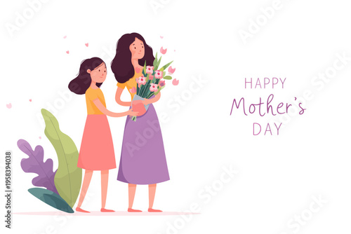 Mother's day celebration: young hispanic female child giving bouquet to adult mother