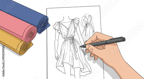 A hand draws a fashion design of a dress on a white paper next to three rolls of fabric.