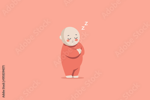 Peaceful cartoon character sleeping in red pajamas on pink background