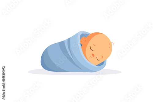 Sleeping caucasian baby wrapped in blue blanket on white background