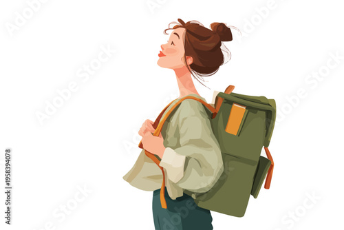 Young caucasian female traveler with backpack enjoying adventure