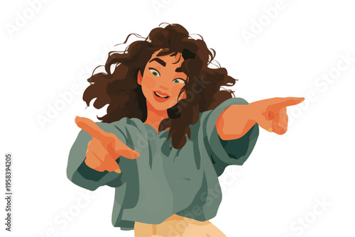 Energetic young female with curly hair pointing happily