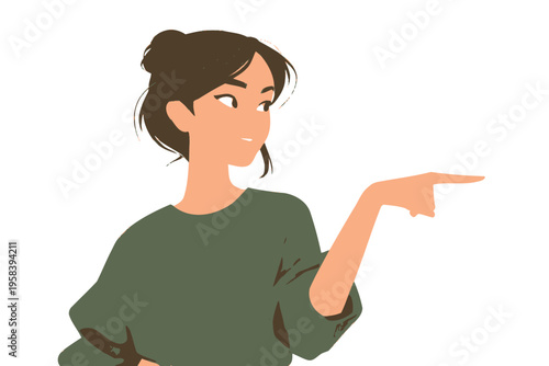 Illustrated caucasian female pointing sideways with a smile