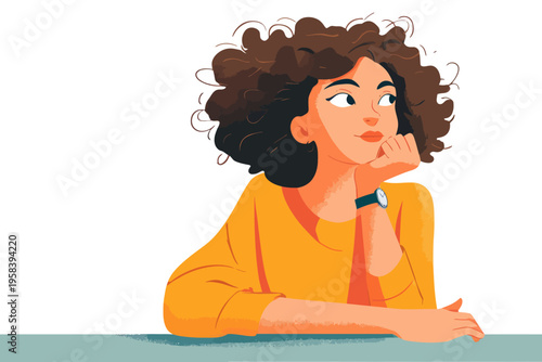 Pensive young female with curly hair in orange sweater at table