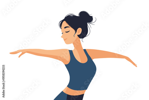 Asian young female yoga pose with arms extended in blue sportswear