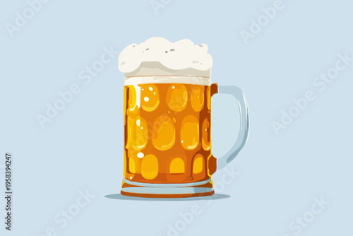 Foamy beer mug illustration with amber drink and clear glass handle