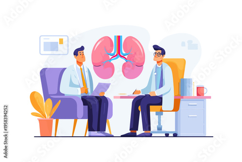 Two male doctors discuss pulmonary health in an office setting with lung diagram