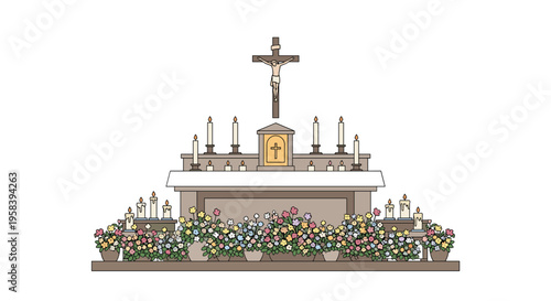 A church altar with a crucifix, tabernacle, many lit candles, and colorful flower arrangements is displayed on a white background.