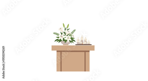 A floral arrangement of white lilies and candles sits on a light brown wooden stand on a white background.