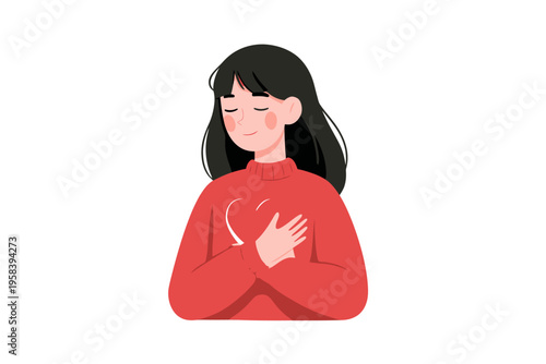Young asian female with heart illustration in red sweater