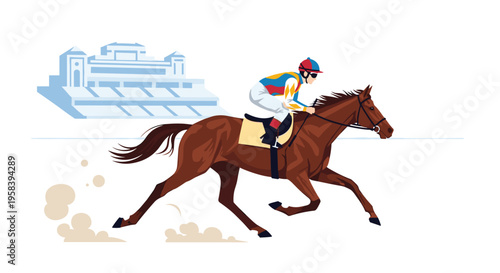 A jockey in colorful silks rides a brown racehorse at full gallop past a grandstand on a white background.