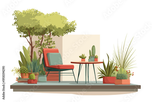 Cozy patio oasis with modern furniture and lush greenery