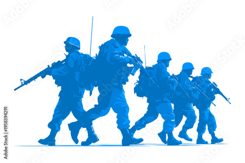 Five soldiers silhouette in blue marching with rifles