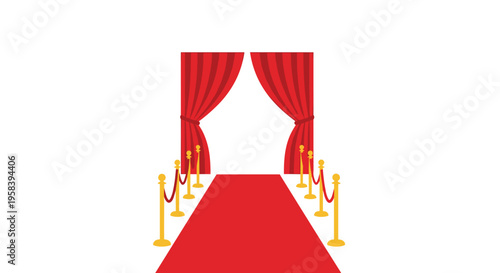A luxurious red carpet is laid out with golden stanchions and red velvet ropes leading to open red curtains on a white background.