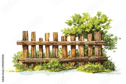 Rustic wooden fence with green shrubbery in lush garden setting