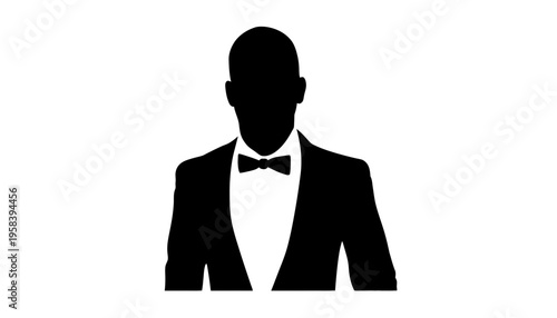A black silhouette of a man in a tuxedo with a bow tie