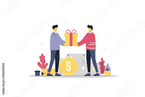 Two young asian males exchanging gift amidst money and decorative plants