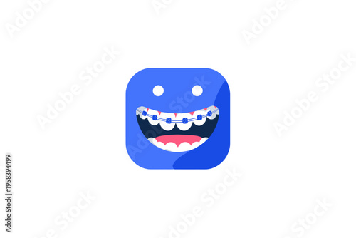 Smiling emoji with braces on blue background