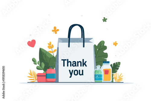 Thank you gift bag with cosmetics and plants in a whimsical design
