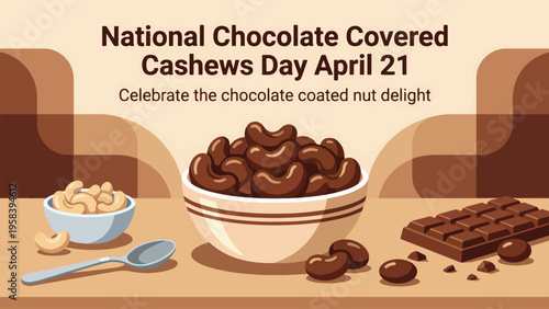 National Chocolate Covered Cashews Day April 21 Food Illustration, Bowl of Chocolate Coated Cashew Nuts with Chocolate Bar, Sweet Treat and Dessert Concept Flat Vector Design