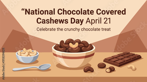 National Chocolate Covered Cashews Day April 21 Dessert Illustration, Chocolate Coated Cashew Nuts with Chocolate Bar, Sweet Snack and Confectionery Concept Flat Vector Design