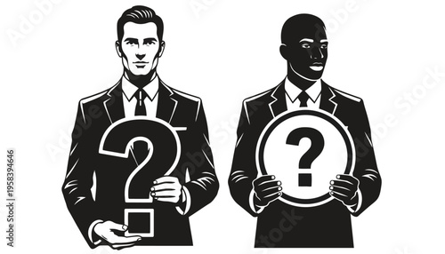 Question mark icon illustration of two businessmen in suits holding signs