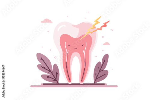 Illustration of a tooth with pain and inflammation featuring lightning symbol