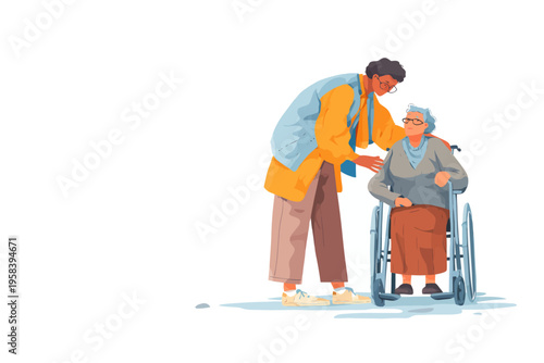Young african female assisting elderly caucasian female in wheelchair with care and compassion