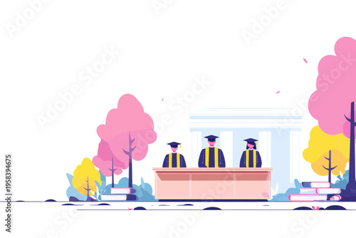 Graduation ceremony with three graduates at podium in colorful park setting