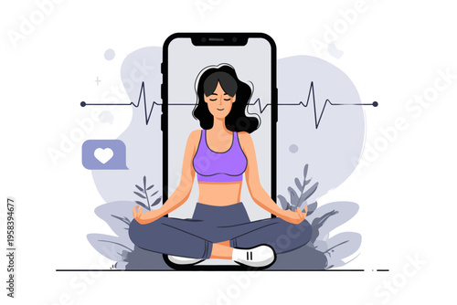 Young caucasian female meditating with smartphone heartbeat app in relaxing setting