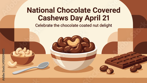 National Chocolate Covered Cashews Day April 21 Snack Illustration, Chocolate Coated Cashew Nuts Bowl and Bar, Sweet Treat Dessert Concept Flat Vector Design