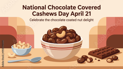 National Chocolate Covered Cashews Day April 21 Dessert Illustration, Chocolate Coated Cashew Nuts Snack, Sweet Treat and Confectionery Concept Flat Vector Design