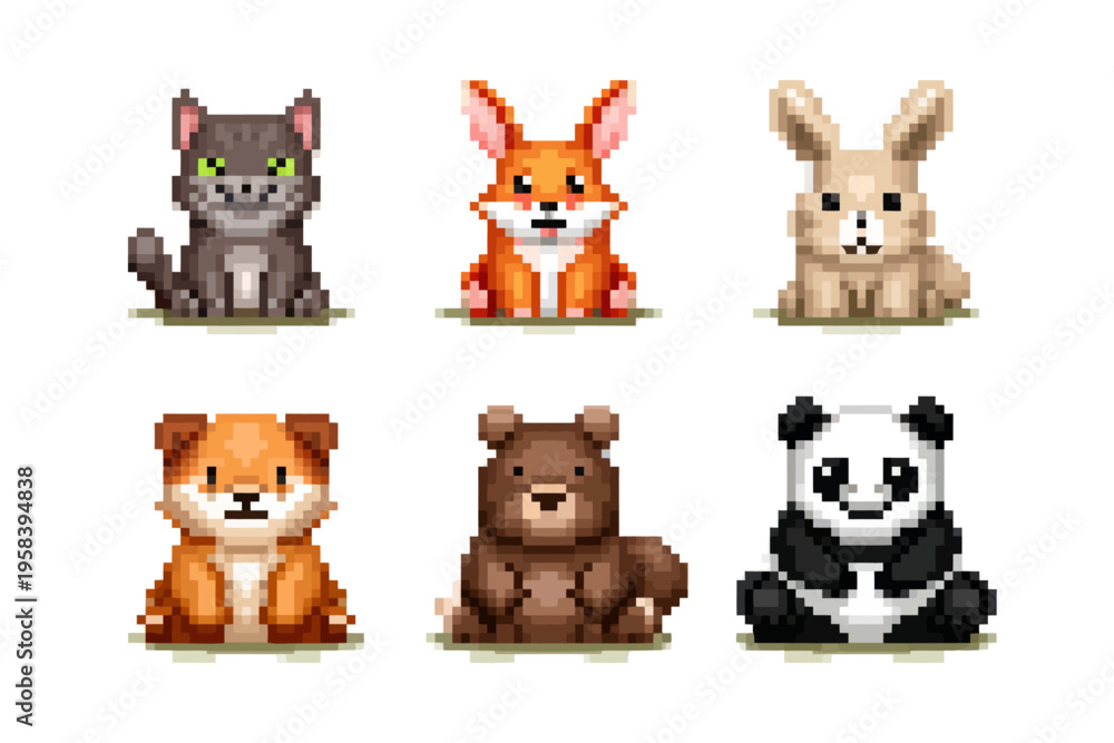 Fototapeta premium Cute pixel art animals: cat, fox, rabbit, dog, bear, panda collection