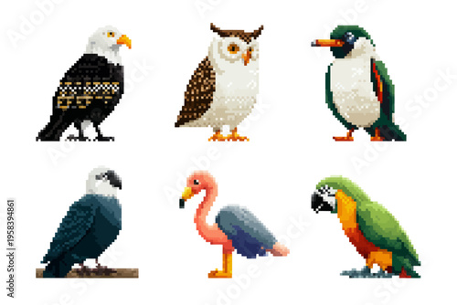 Pixel art birds collection featuring eagle, owl, penguin, cockatoo, flamingo, and macaw