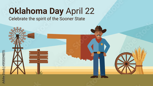 Illustration celebrating Oklahoma Day on April 22, featuring a cowboy, windmill, map, and wheat, representing the spirit of the Sooner State.